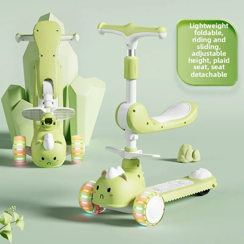 2-In-1 Children's Scooter Baby Kickboard 3 Height Adjustable 3-Wheel Music Light Foldable Micro Kcik Scooter Boy Girl Ages 2-10