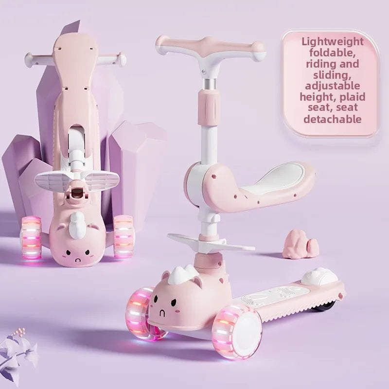 2-In-1 Children's Scooter Baby Kickboard 3 Height Adjustable 3-Wheel Music Light Foldable Micro Kcik Scooter Boy Girl Ages 2-10