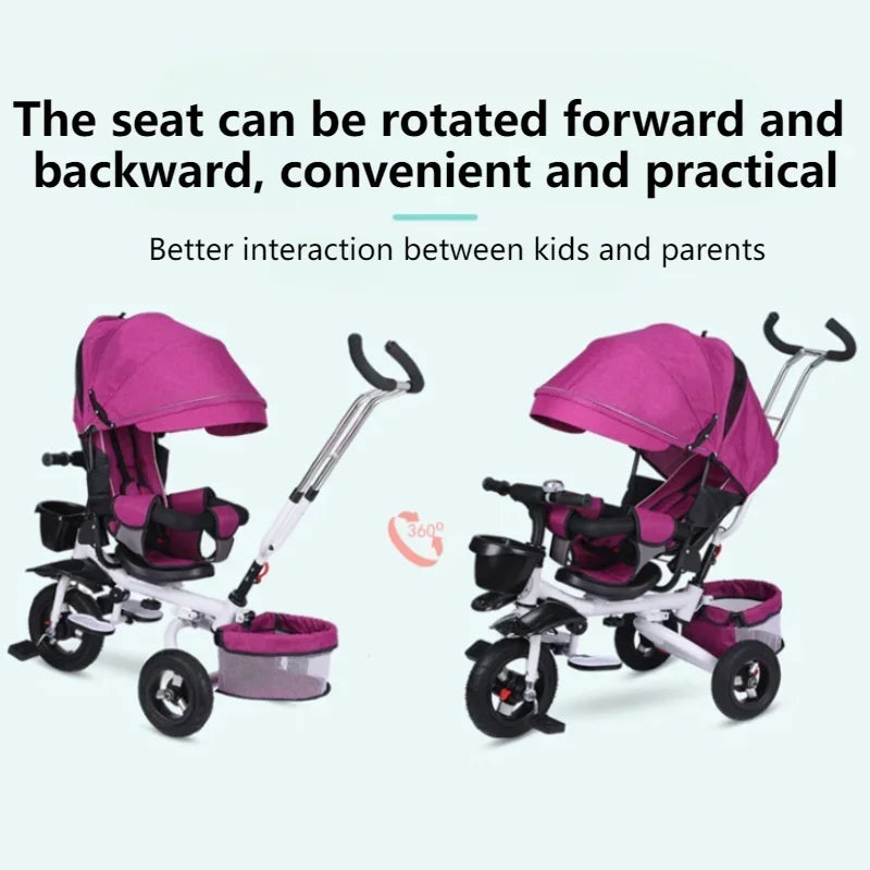 4 in 1 Folding Kids Trike Sit & Lying Portable Baby Stroller with Large Canopy Tricycle Dual Brake 3-Gear Adjustable Backrest