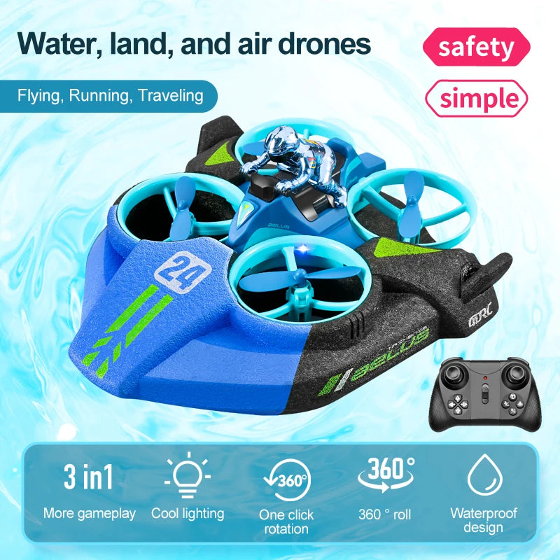 4DRC Mini RC Drone Altitude Hold Headless Mode 3 in 1 Sea Land Air Flight 2.4G Remote Control Quadcopter Boat RC Helicopter Toys