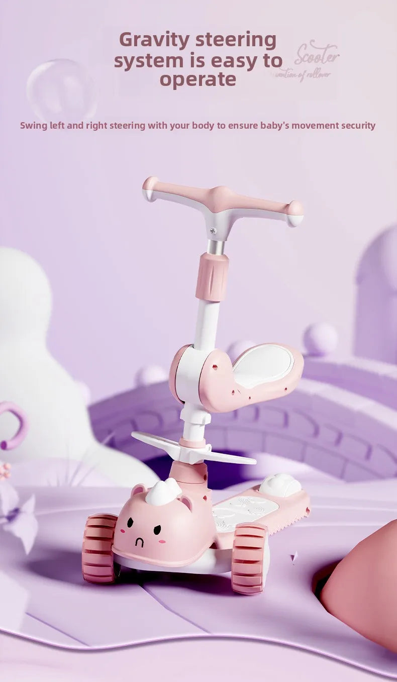 2-In-1 Children's Scooter Baby Kickboard 3 Height Adjustable 3-Wheel Music Light Foldable Micro Kcik Scooter Boy Girl Ages 2-10