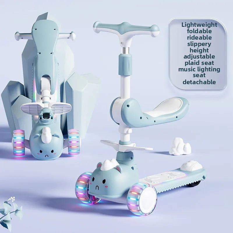 2-In-1 Children's Scooter Baby Kickboard 3 Height Adjustable 3-Wheel Music Light Foldable Micro Kcik Scooter Boy Girl Ages 2-10