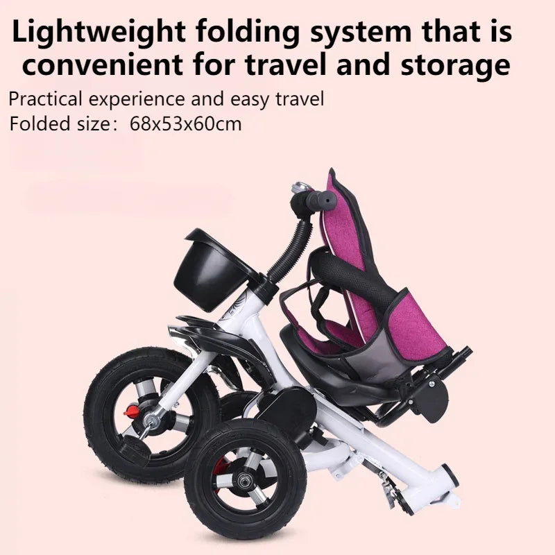 4 in 1 Folding Kids Trike Sit & Lying Portable Baby Stroller with Large Canopy Tricycle Dual Brake 3-Gear Adjustable Backrest