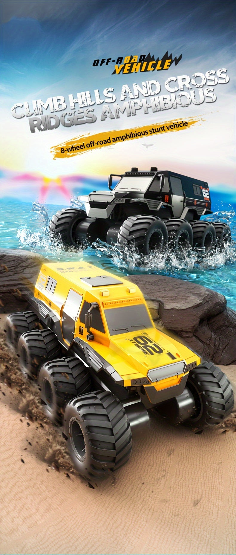 RC Car 8WD Amphibious Monster Truck, 2.4G Off Road Big Remote Control Car, All Terrain RC Cars Toys, Gift for Birthday Christmas